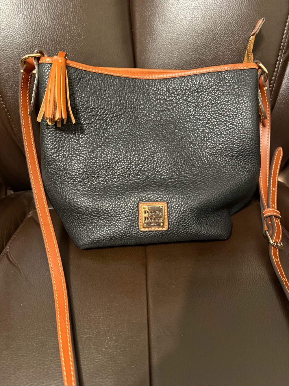 Dooney & Bourke Black Pebbled Leather Crossbody with Tan Trim and Tassel